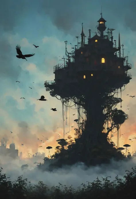 In a colorful industry  complex with dense haze and mist, a Silhouette of a scenery Installation by Ghibli: like a flower explos...