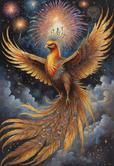 detailed asian painting, an adorable baby eastern phoenix flying in the sky full of fireworks, ,extremely detailed, beautiful eyes, sparkling, night time, fantasy art, dark fantasy, phoenix breathing fireworks,starry sky filled with fireworks, extremely detailed multicolored iridescent feathers  entered in Perfect Composition, Complex Details Showing Unique and Enchanting Elements, Very Detailed Digital Painting, Golden Ratio, Dramatic Lighting, Very Realistic 
 <lora:SDXLFaeTastic2400:0.5>