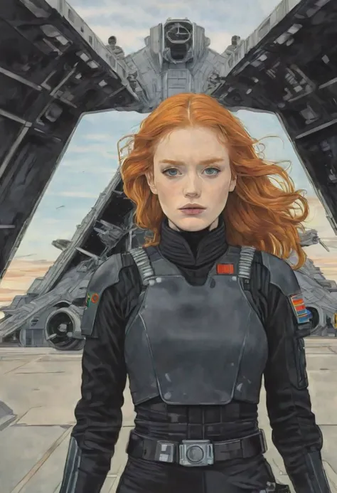 a painting of a woman in a black suit standing in front of a spaceship