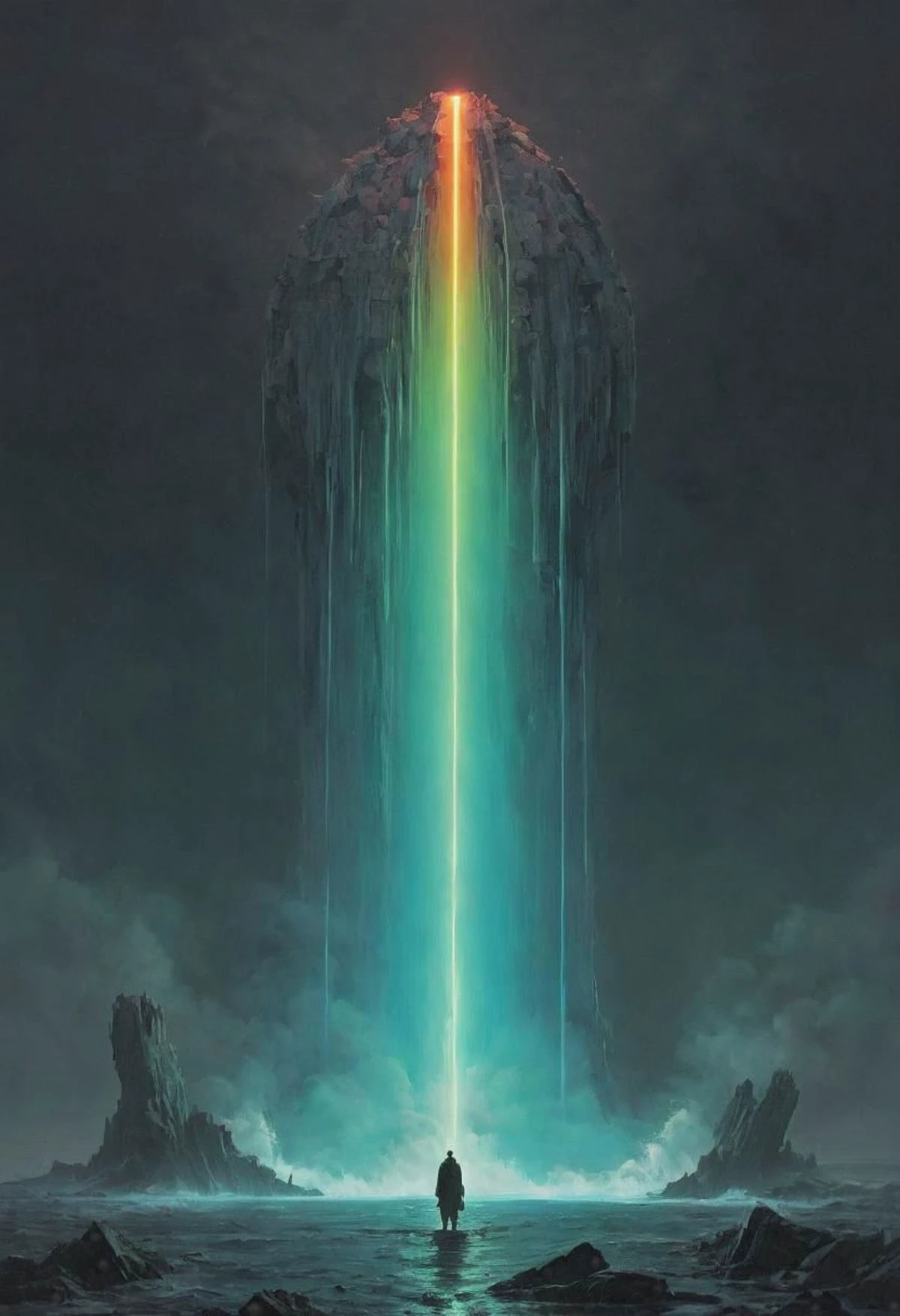 Capture the dystopian modern dystopian casual essence of moses as he relentlessly splits up the sea into two gigantic neon-pastel water columns. Explore the somber tones and bleak atmosphere in your depiction, emphasizing the eternal struggle and challenge of his plans from a side perspective.