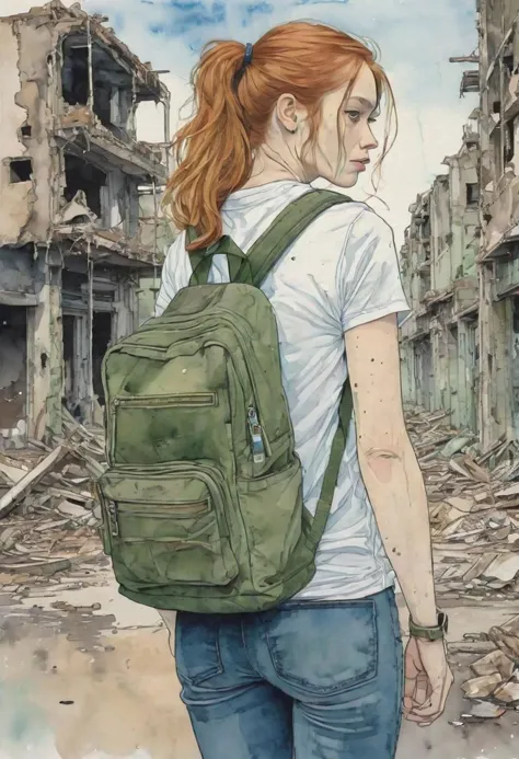 a painting of a woman with a backpack walking through a destroyed building