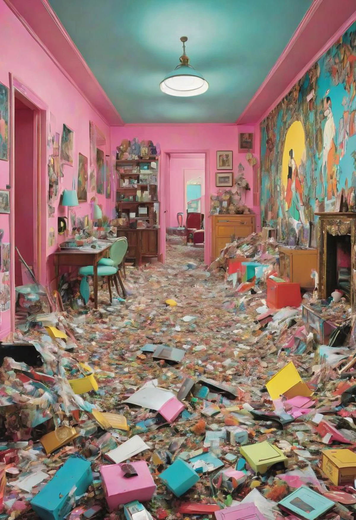 By Herg, neon-pastell Bad Trip Girl, hoch im Leben, Müll Surrealismus Tapete, Konzentrieren Sie sich auf die rechte Seite eines überfüllten langen Stockwerks durch viele verschiedene Räume in die Ewigkeit