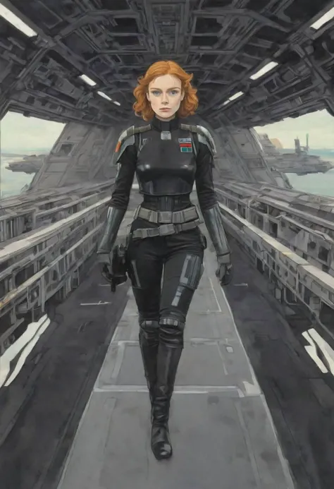 a painting of a woman in a black widow suit walking down a bridge