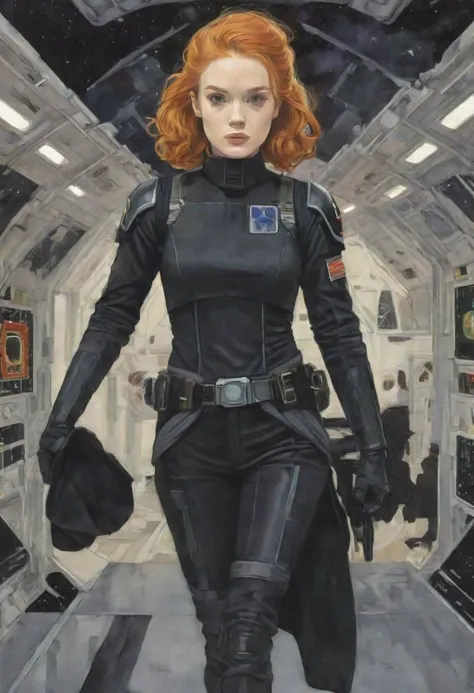 dicke, fette Umrandung, Acrylgemälde, Illustration, Porträt eines hübschen jungen rothaarigen irischen endomorphen Mädchens im schwarzen TIE-Fighter-Piloten-Outfit, Weggehen und den Blick zum Betrachter zurückwenden, in einer Andockbucht eines Sternenzerstörers, Extrem detailliert, Star Wars-Stil