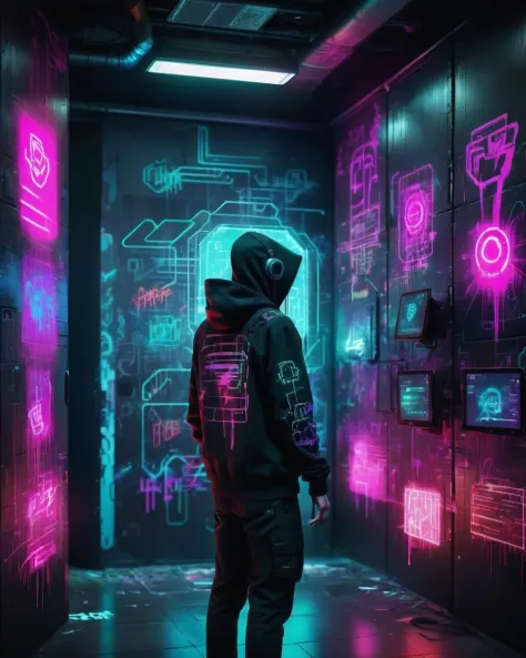 Virtual graffiti, hackers leaving their mark in cyberspace, vibrant tags and digital art adorning the virtual walls of corporate servers. , cyberpunk style