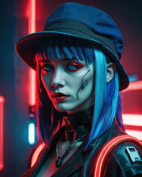 a woman with blue hair and a hat with a red light , cyberpunk style