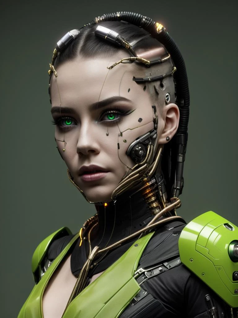 1girl, solo, looking_at_viewer, simple_background, green_eyes, makeup, portrait, science_fiction, realistic, android, cable, cyborg, cyberpunk
