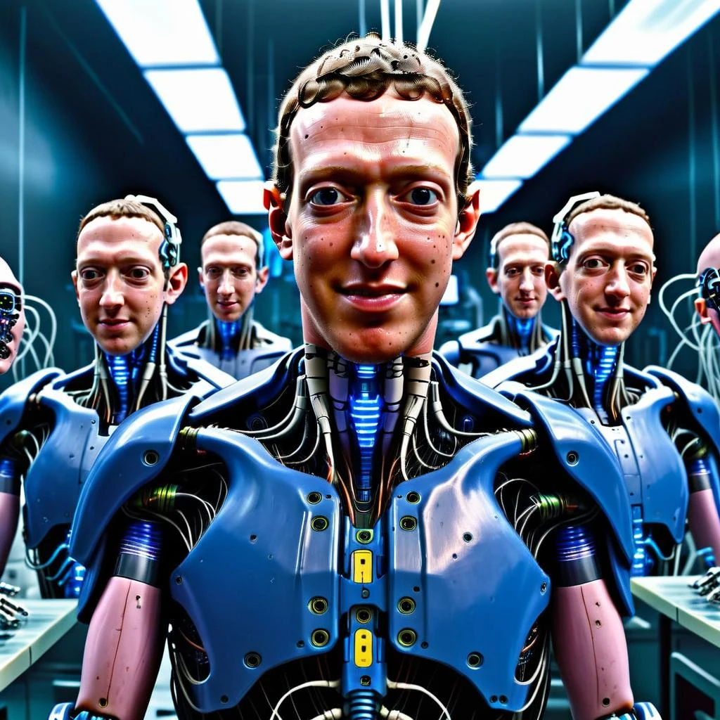 cyberpunk style, múltiples cyborgs sosteniendo la cabeza de Mark Zuckerberg en un laboratorio, sonrisa irónica<Lora:cyberpunk_SG:1.0>