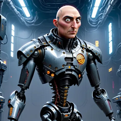 cyberpunk style, gru from despicable me as a cyborg, long nose complex robot, sharp mechanical parts, <lora:cyberpunk_XL:1.0>