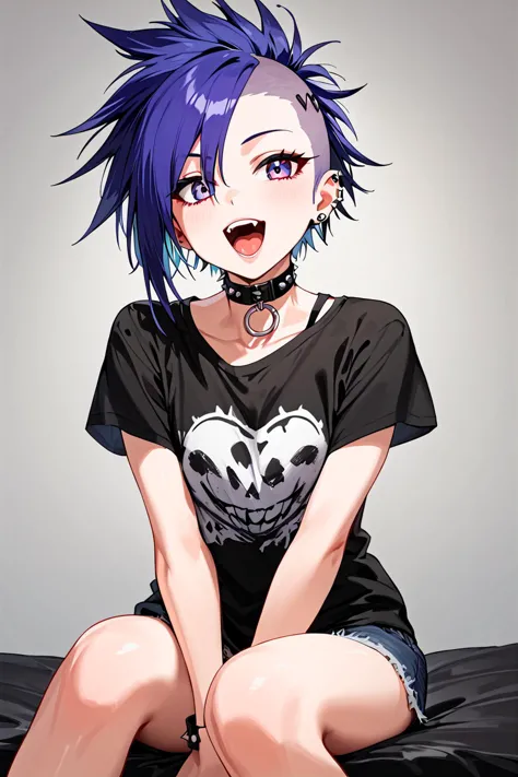 anime girl with blue hair sitting on a bed with a black shirt