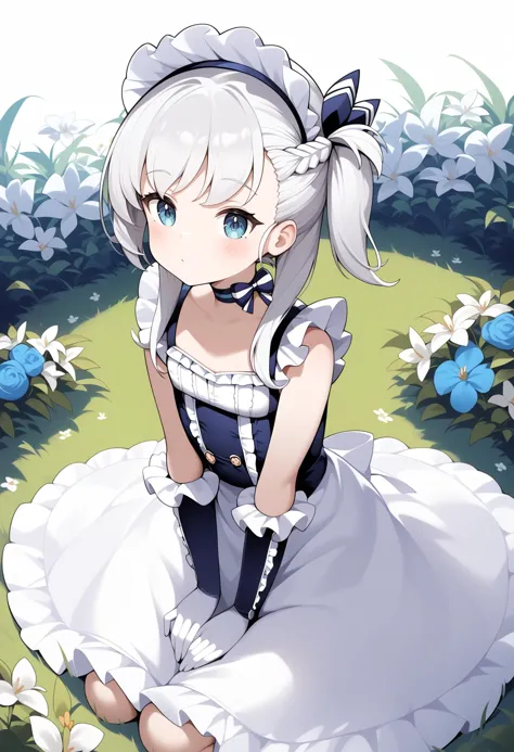 anime girl in a white dress sitting on the ground with flowers