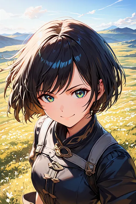 anime girl with green eyes standing in a field of flowers