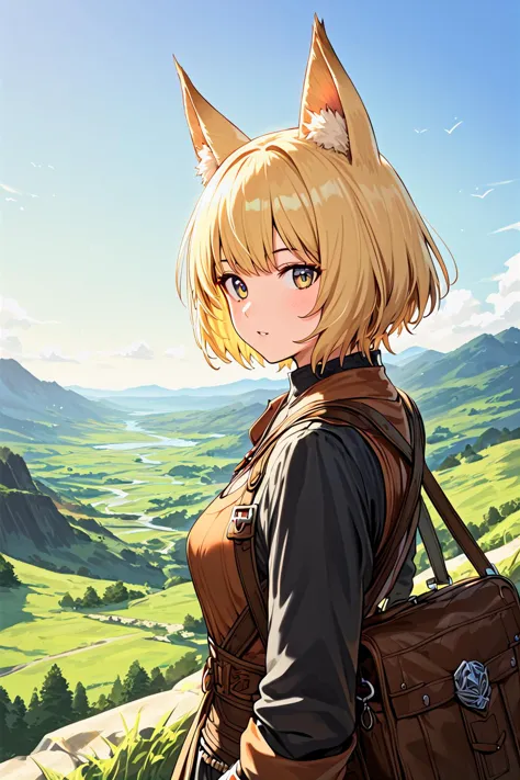 score_9,best quality,
1girl,fantasy,adventurer,looking at viewer,fantasy,animal ears,blonde short hair,landscape,from side,bag