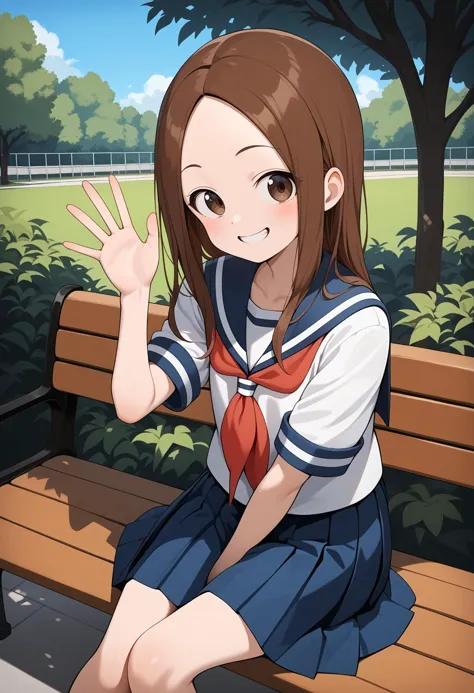 anime girl sitting on a bench waving her hand