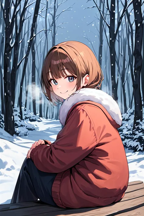 anime boy sitting on a bench in the snow with trees in the background