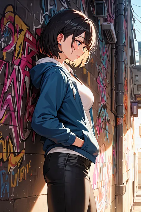 anime girl leaning against a wall with graffiti on it