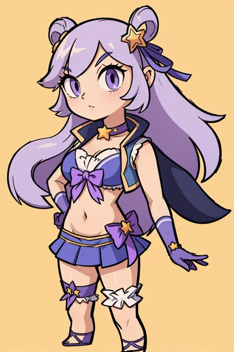 a drawing of a girl in a purple outfit and a purple bow