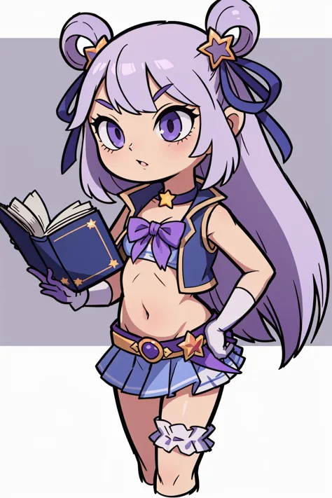 best quality, highly detailed, reading a book <lora:princessconnect_hatsune-30:.8> hatsunesummer, hair rings, star hair ornament, hair ribbon, frills, cropped vest, open vest, purple bikini, bow bikini, gloves, bikini skirt, bridal garter, star choker