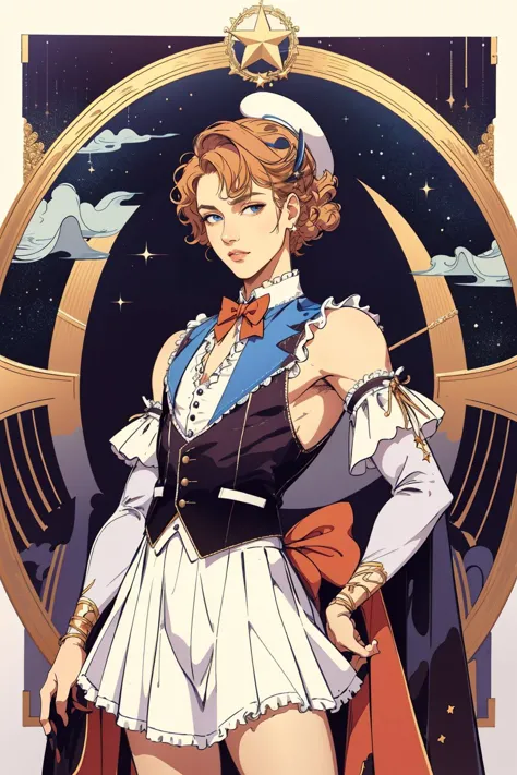 a woman in a sailor outfit is standing in front of a clock