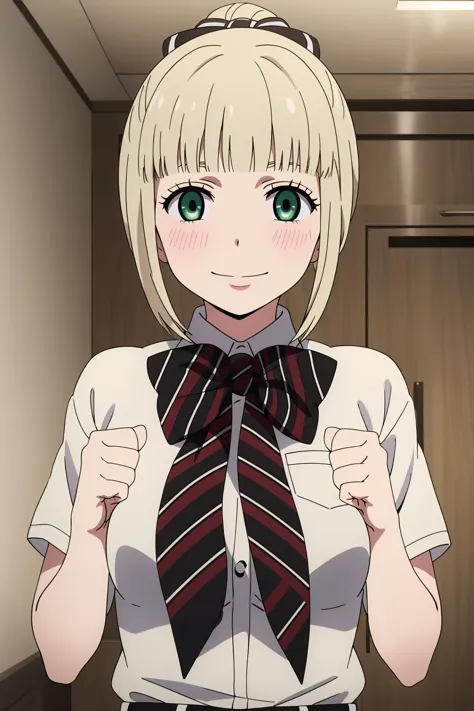 anime girl with blonde hair and green eyes in a school uniform