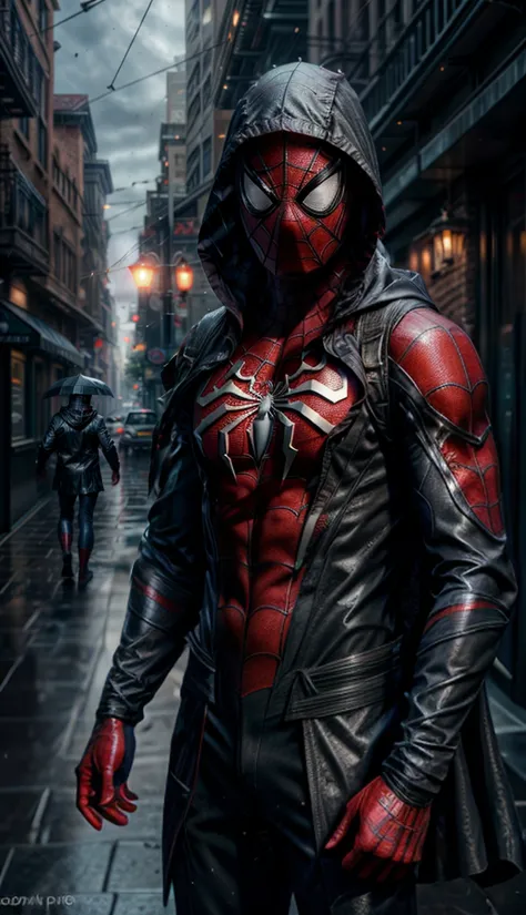 <lora:Armored Spiderverse:0.7>, masterpiece, best quality, intricate details, highly detailed raw photography, photorealism, photorealistic, soft focus, Real-Time Ray Tracing, cinematic lighting, large-scale, 8k-perfect-octane 1boy, 
spider-man, raincoat with hood, mask, sharp focus, glowing eyes, superhero, 
<lora:add_detail:1>, <lora:easynegative:1>,