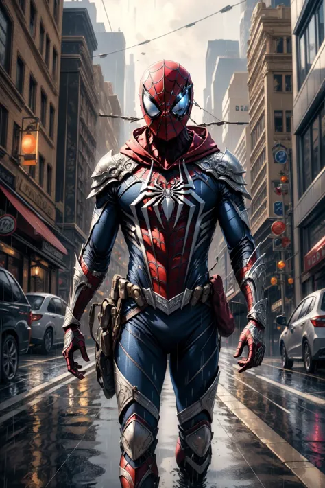 spider - man in a suit walking down a city street