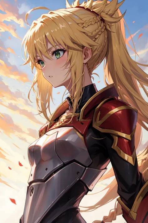 a close up of a woman with long blonde hair and a sword