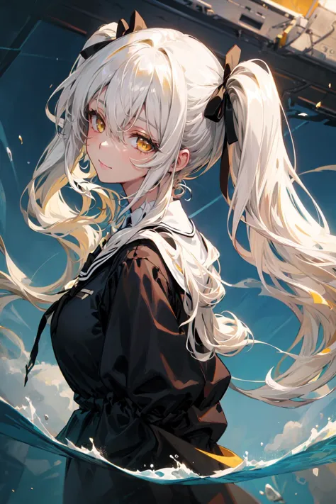 anime girl with long white hair and ponytail standing in front of a boat