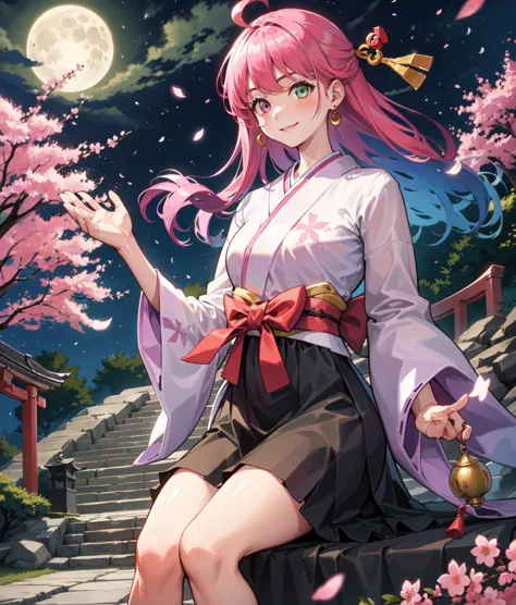 <lora:KitsuneAi-HimemoriLuna-LoCon32V1:1> lunathird, fullbody, moon earrings, close up, smile, 
japanese shrine at nighttime, falling cherry blossoms, shining moon,  sitting on stairs to shrine, raining, windy, floating hair, dynamic pose, (realistic:1.1) best quality, highres, ultra-detailed, absurdres