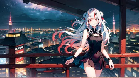 anime girl standing on a balcony overlooking a city at night