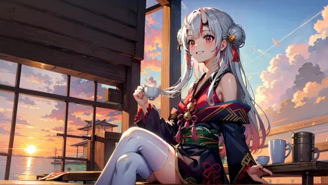 anime girl sitting on a wooden platform with a cup of tea