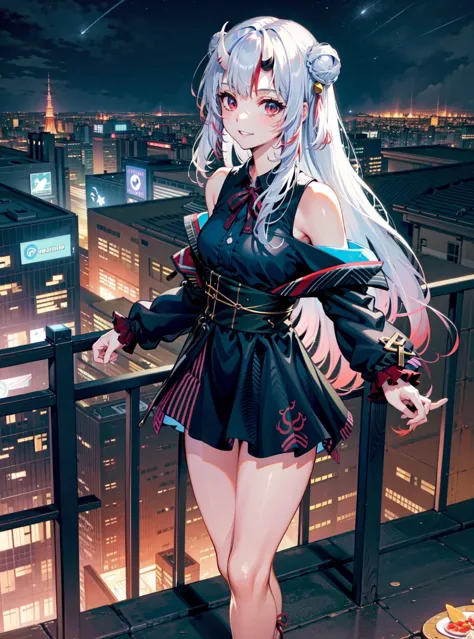 a woman in a short dress standing on a balcony with a city in the background