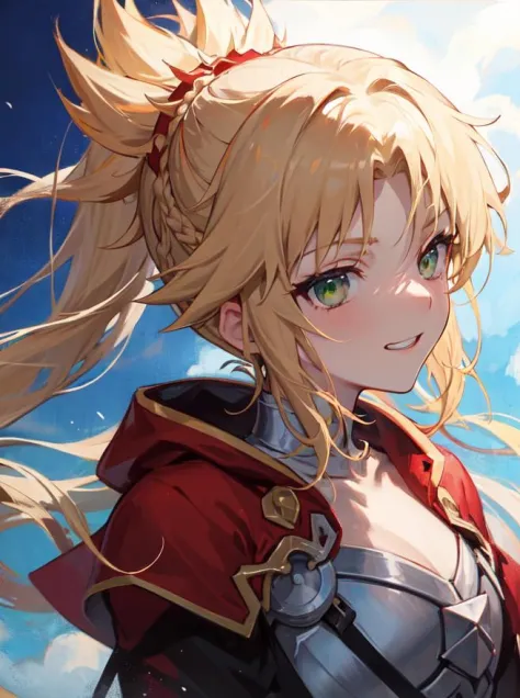 <lora:Mordred:0.9>, mordred \(fate\), ponytail, green eyes, braid, smug