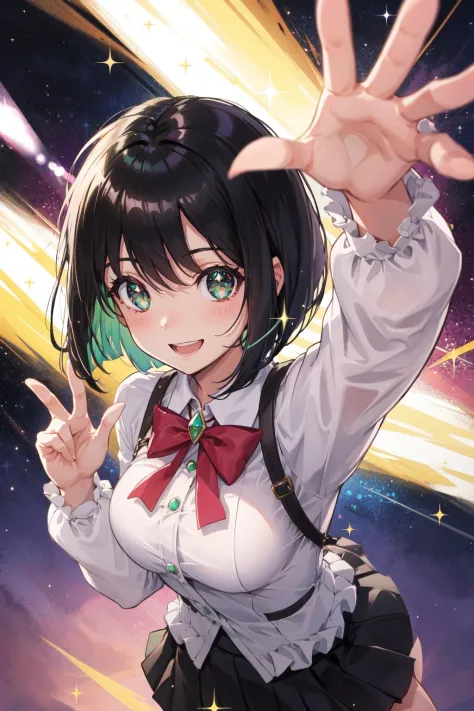 black hair, green eyes, short hair, bob cut, arms up, excited, sparkling eyes, sparkle, light particles, volumetric lighting, sm...