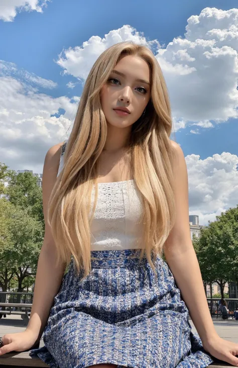 a close up of a woman sitting on a bench in a park