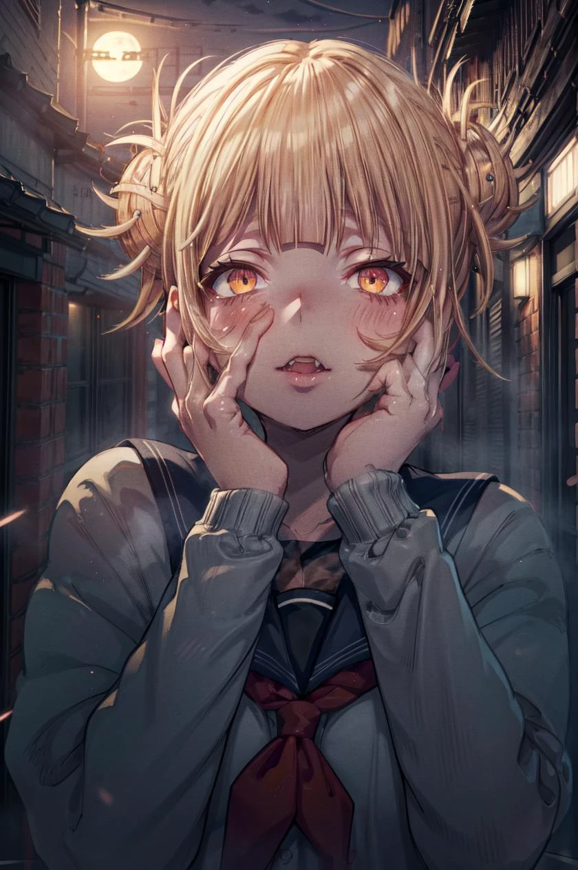 detailed illustration, close up, of a curvy girl, toga himiko, blonde hair, yandere, yandere trance, hands on own face,hands on own cheeks, school girl uniform, inside, night time, low light, school, moonlight, cinematic lighting, hires, volumetric lighting, highly detailed background, masterpiece, 