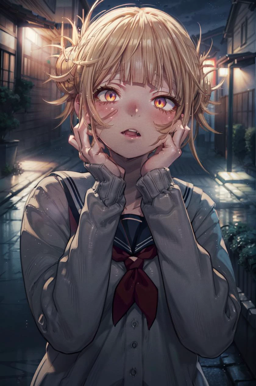 detailed illustration, close up, of a curvy girl, toga himiko, blonde hair, yandere, yandere trance, hands on own face,hands on own cheeks, school girl uniform, inside, night time, low light, school, moonlight, cinematic lighting, hires, volumetric lighting, highly detailed background, masterpiece, 