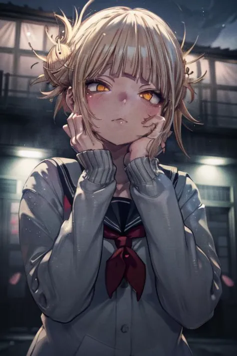 detailed illustration, close up, of a curvy girl, toga himiko, blonde hair, yandere, yandere trance, hands on own face,hands on ...