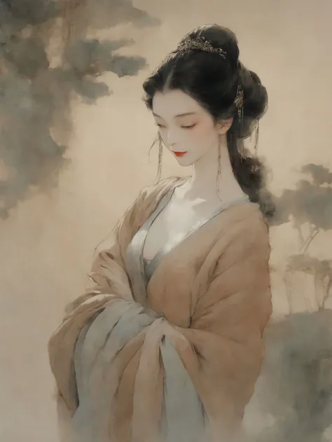 a painting of a woman in a kimono dress standing in front of a tree