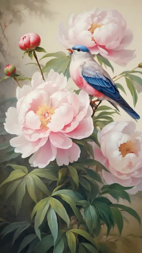 Peony flowers and bird,painting,