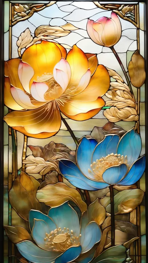 Filigree stained glass painting,Super beautiful dreamy lotus,Translucent petals,Petal texture,Gold foil silk stamens,with gold foil powder floating in the air,Rich details,