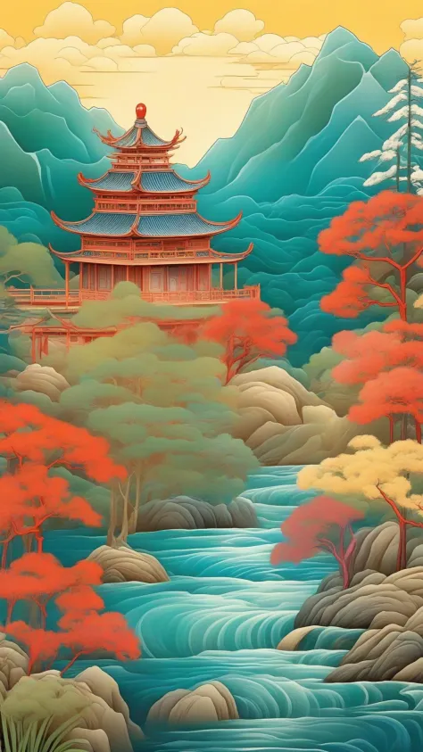 Graphic illustration,Simple composition,(leave blank),(best quality),((masterpiece)),Vector illustration,((High saturation)),hand drawn illustration, Gradient color,((Fresh tone)), (high brightness),original,(an extremely delicate and beautiful),intricate detail,Bamboo forests/lotus flowers/streams and cranes make up Wood color redware jar,(vibrant colors Lisa frank style:0.7)