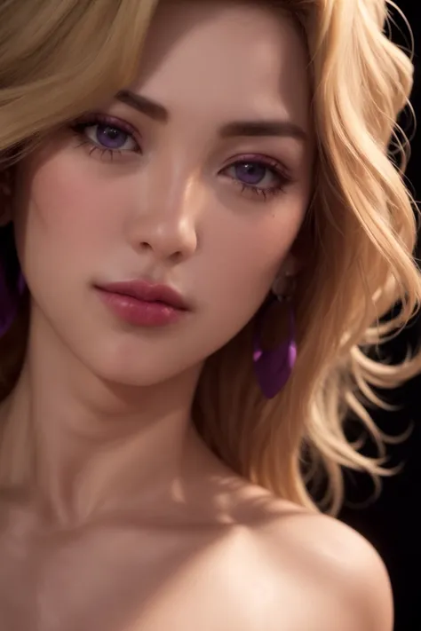 a close up of a woman with blonde hair and purple earrings