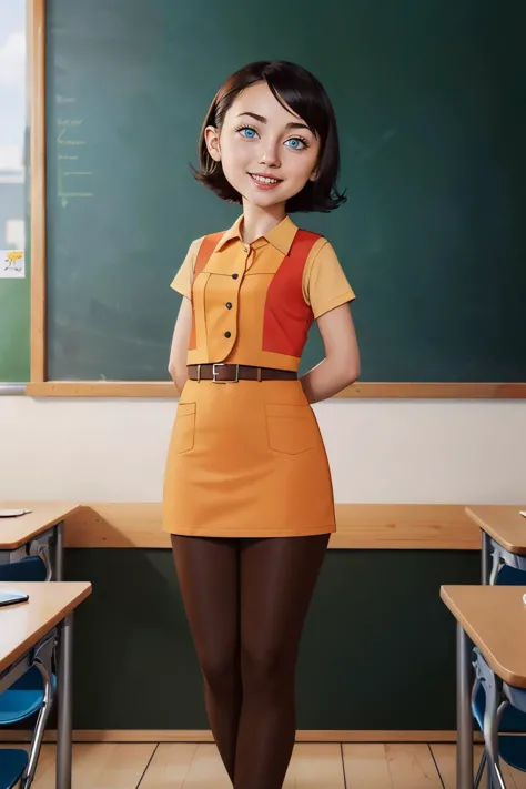 Ms Keane,short black hair, blue eyes,orange dress, red vest, brown leggings, short sleeves, looking at viewer, smiling, standing, hands behind back, inside classroom, chalkboard, high quality, masterpiece, <lora:Keane:.6>