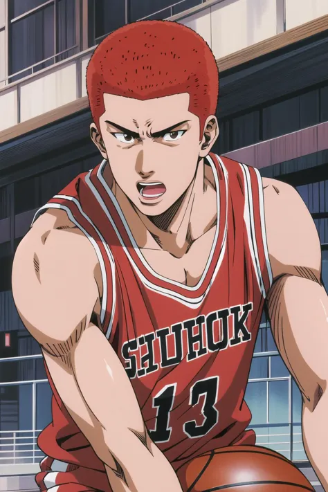 masterpiece,best quality,highres,<lora:Sakuragi Hanamichi1:0.6>,Sakuragi Hanamichi1,basketball uniform,basketball,open mouth,1bo...