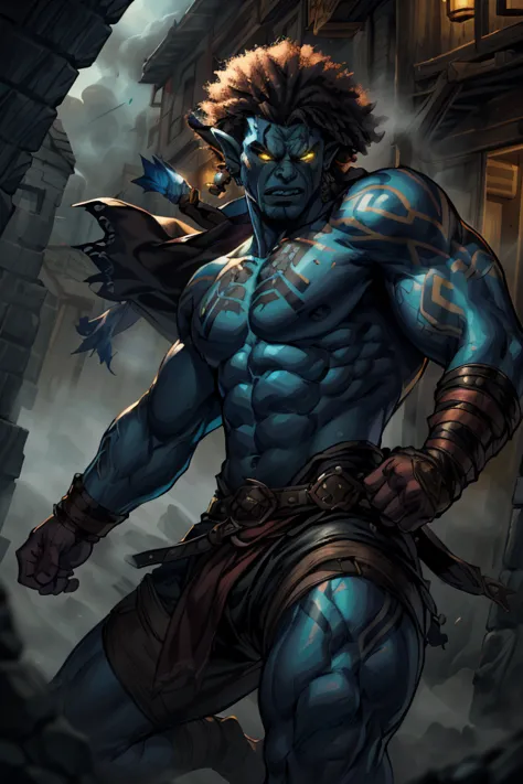 1boy, A male orc brawler that is ready to rumble (Long Afro), dark-orange-thick-body with blue-tribal-tattoos, a gothic town shrouded in fog background, cinematic, best quality, detailed background, depth of field, intricate details, dynamic pose, dynamic angle, sharp focus, soft lighting, vibrant colors, cinematic photography, <lora:PathfinderKM:0.5> Pathfinder <lora:RPGOrc:0.351> <lora:Concept - Fire Monk_v2:0.38> f1remonk, burn1ngf1st, (Role-playing game (RPG) style fantasy :1.3), Fantasy, epic, heroic, character-focused, RPG style fantasy