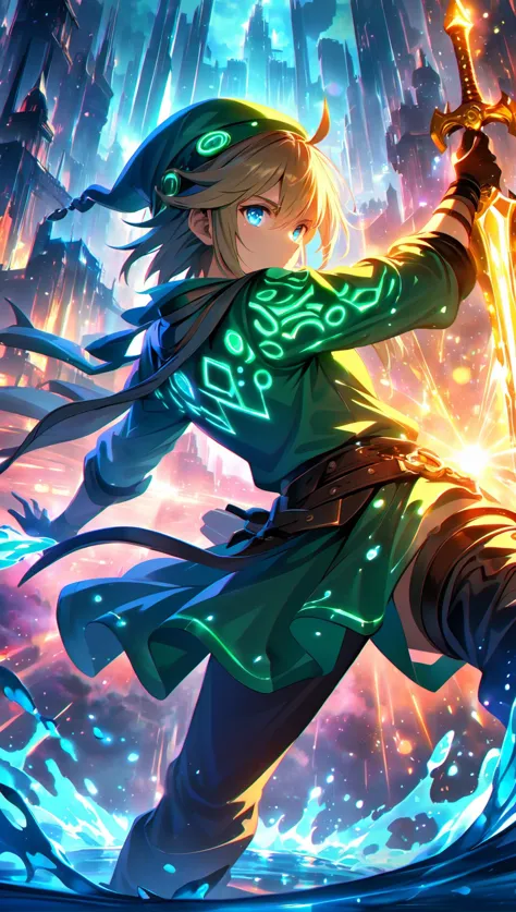 (original:1.3),masterpiece, best quality, dynamic angle, highest detailed, fashion photograph, adult,(ultrahigh resolution textures),(in dynamic pose),bokeh, (intricate details, hyperdetailed:1.15),detailed, light passing through hair,
1boy, masculine, solo, link, the legend of zelda, green tunic, hat, master sword,  holding sword, hyrule warriors, hyrule castle, 
<lora:link_v1:1.2>, (<lora:add-detail-xl:0.6>), <lora:CyberLight:0.5>, lens flare, random color, The body is made of fluorescent colloids, (liquid background, Sputtered water),<lora:glowneon_xl_v1:0.8>, (multicolored background), (HDR, 4k, wallpaper ,artbook, high resolution, best quality:1.4, breathtaking, ultra detailed, huge filesize, incredibly absurdres)