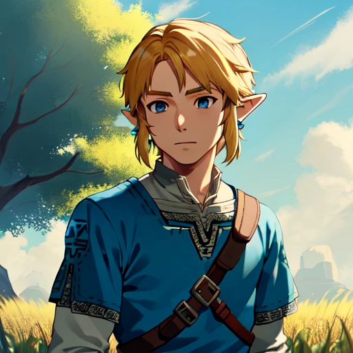 masterpiece, best quality, 1boy, solo, upper body link, the legend of zelda, blue tunic, blonde hair, pointy ears, outdoors, field, highly detailed, botw style, intricate,