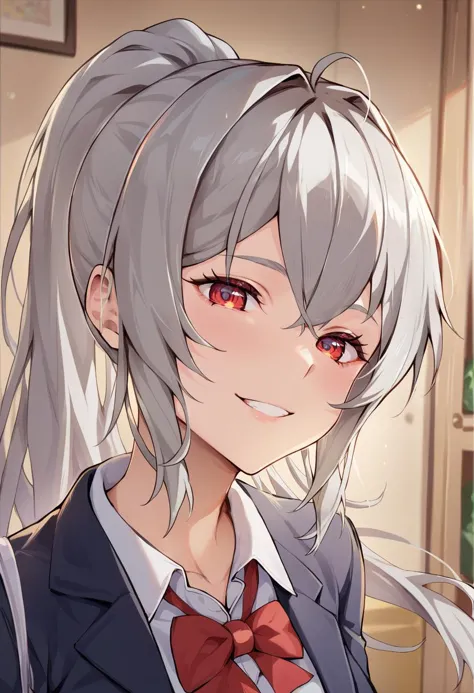 anime girl with long gray hair and red bow tie