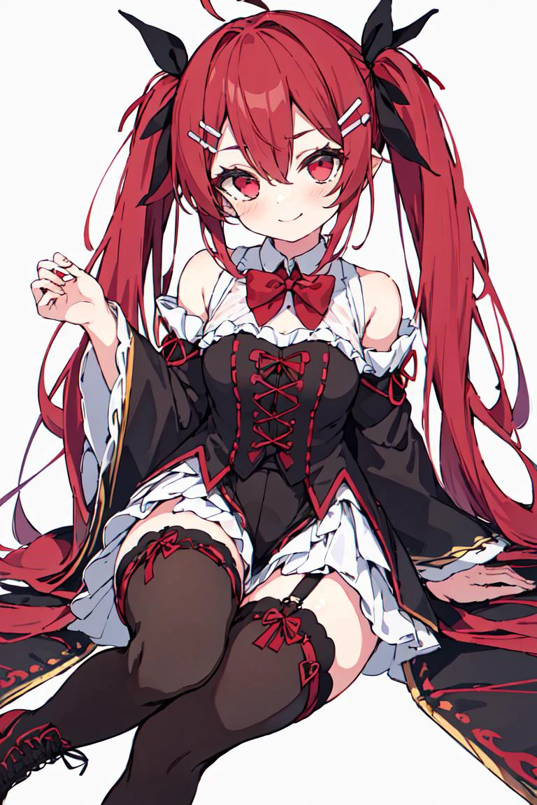 {{{masterpiece}}},{{best quality}},{{highly detailed}},{solo},1 girl,{black long twintails with red hair ribbon},hair between eyes,ahoge,Bunny hair clip,sweet smile,beautiful detailed red eyes,{{white detached_sleeves with black puffy long sleeves}},white frilled collar, red bowties,white_thighhighs,black Lace-Up Boots,white background,